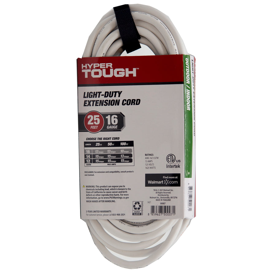 Hyper Tough Light Duty Extension Cords 25 ft 16 Gauge Outdoor / Indoor - White
