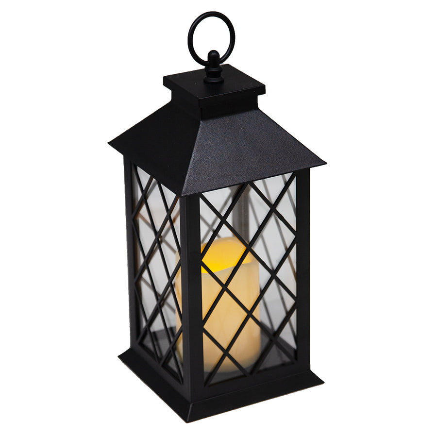 Indoor/Outdoor Black Lattice LED Lantern w/ 4-Hour Battery-Saving Timer 5.5"L x 5.5"W x 13.5"H