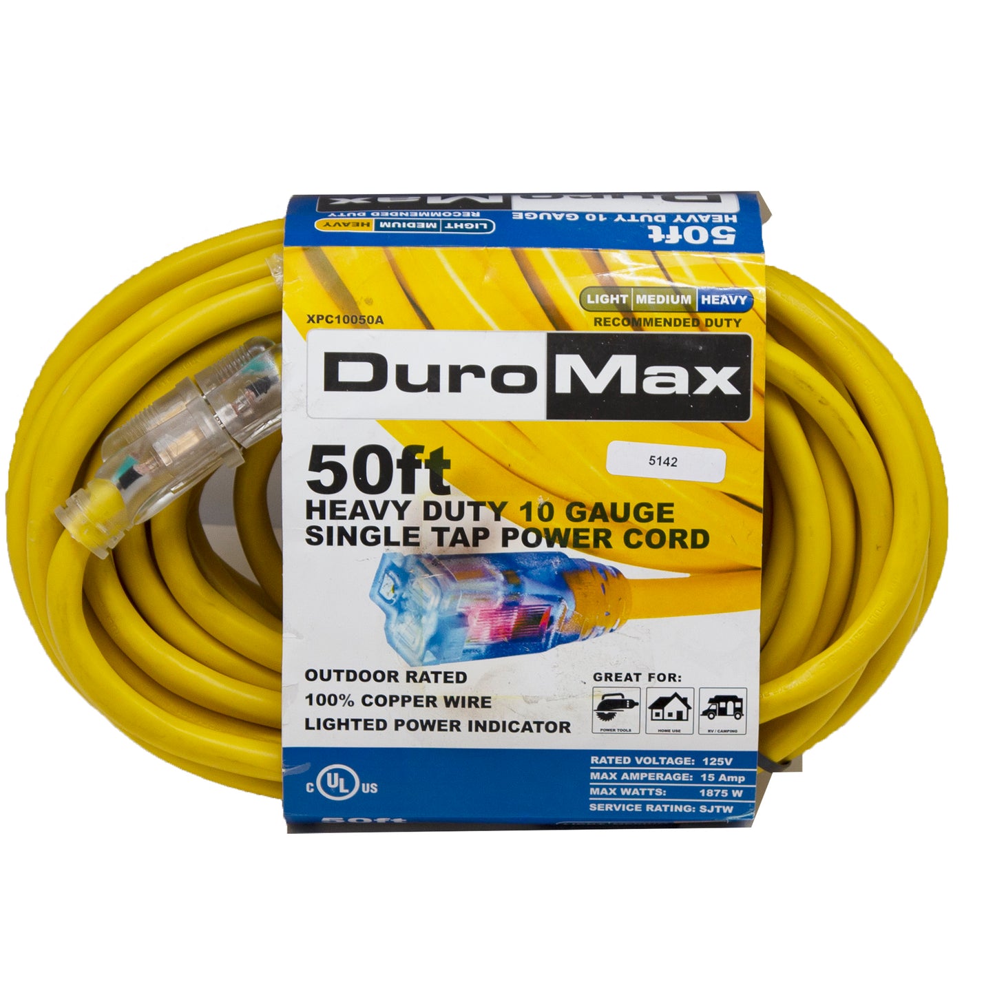 Duro Max 50 Ft Heavy Duty 10 Gauge Extension Cord – Single Tap, Yellow, 10/3 SJTW, Ideal for Power Tools, Outdoor Use, and High-Performance Appliances | Durable & Reliable!