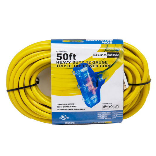 DuroMax 50-Foot 12-Gauge Triple Tap Extension Cord – Heavy-Duty Power Solution