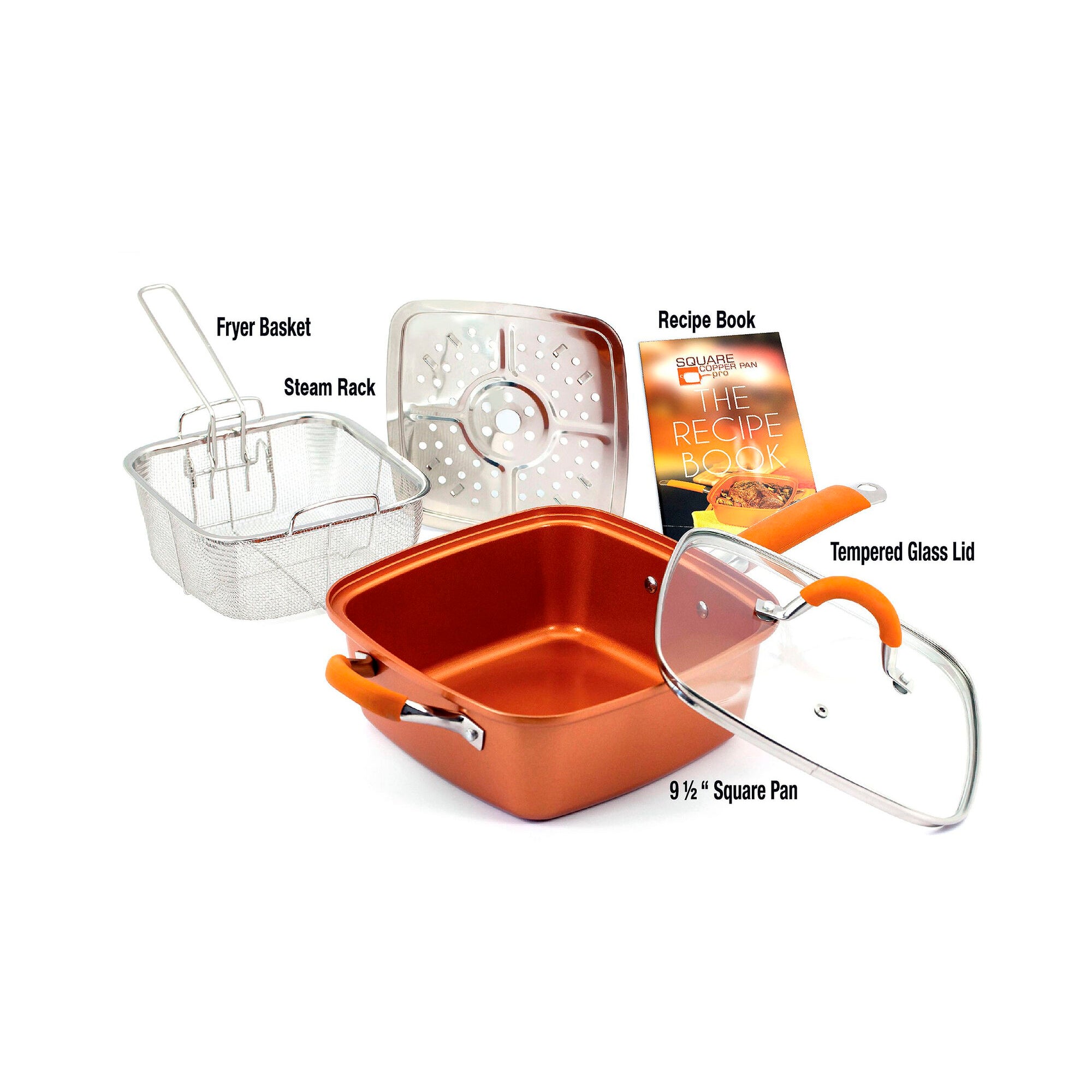 Red Copper 5 Piece Pan Set, Deep Square 10 in. Pan with Lid and Fry Basket,  As Seen on TV 