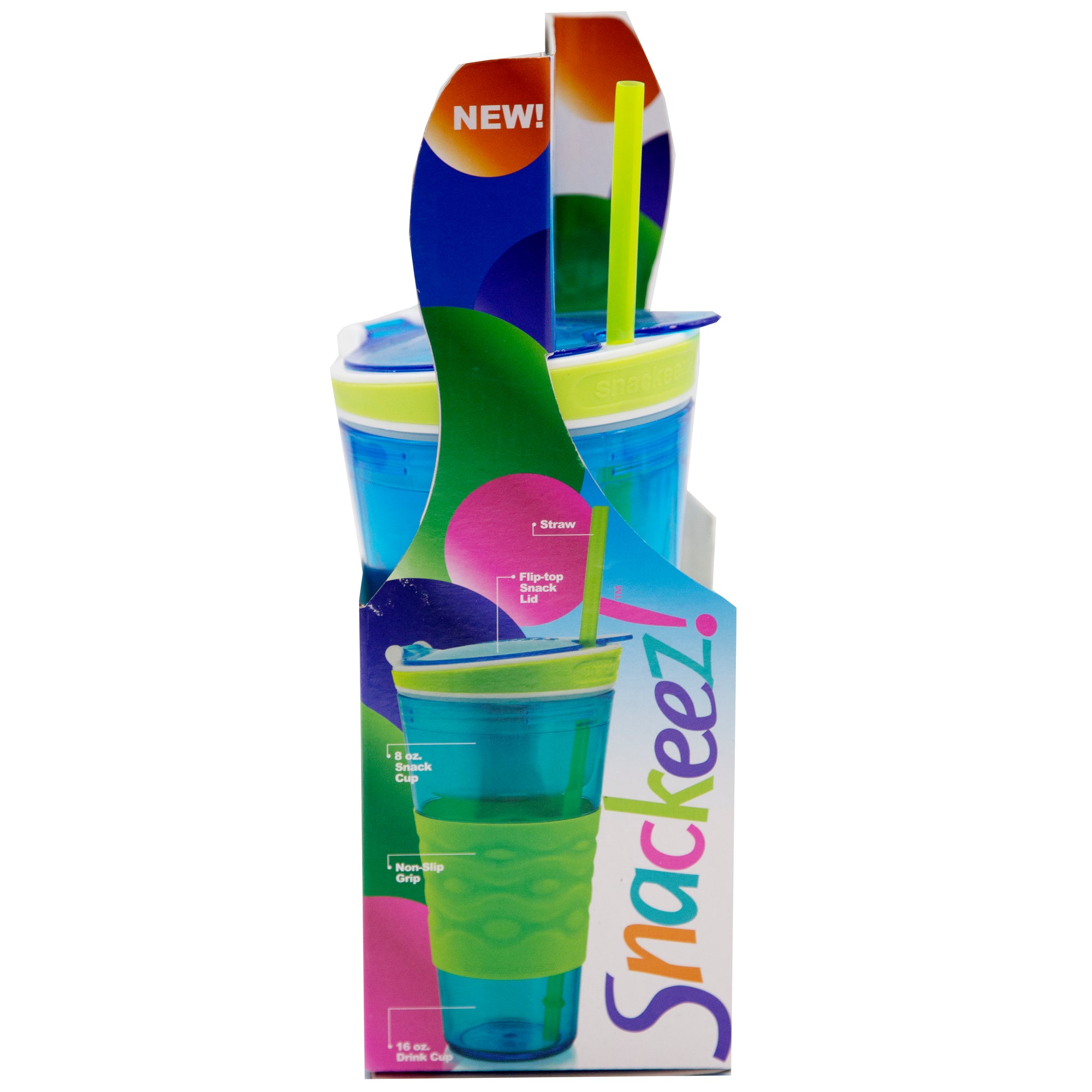 Snackeez 16 Oz Snack cup, 8 Oa7z snack cups Blue Plastic, Green Grip. Set  Of 3