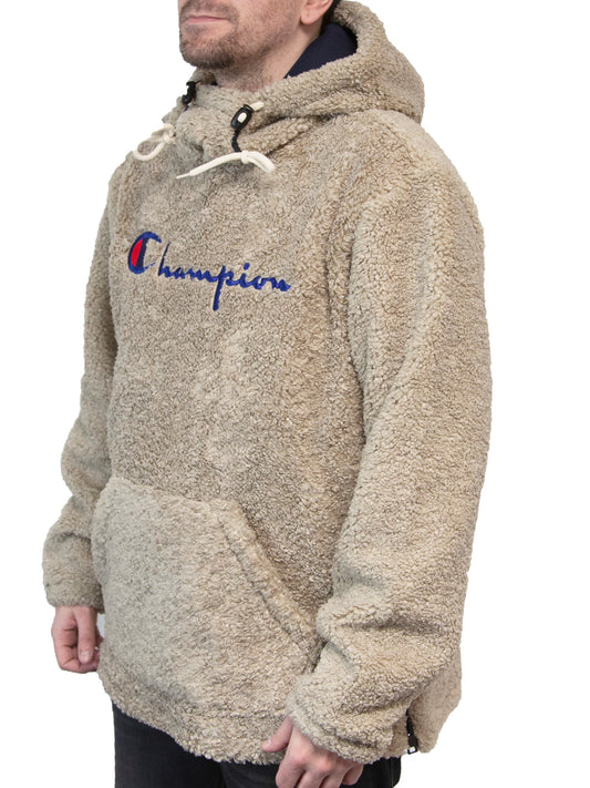 Champion Teddy Hoodie with Script Logo - XL, Extra Warm Fleece Pullover, Soft Casual Streetwear